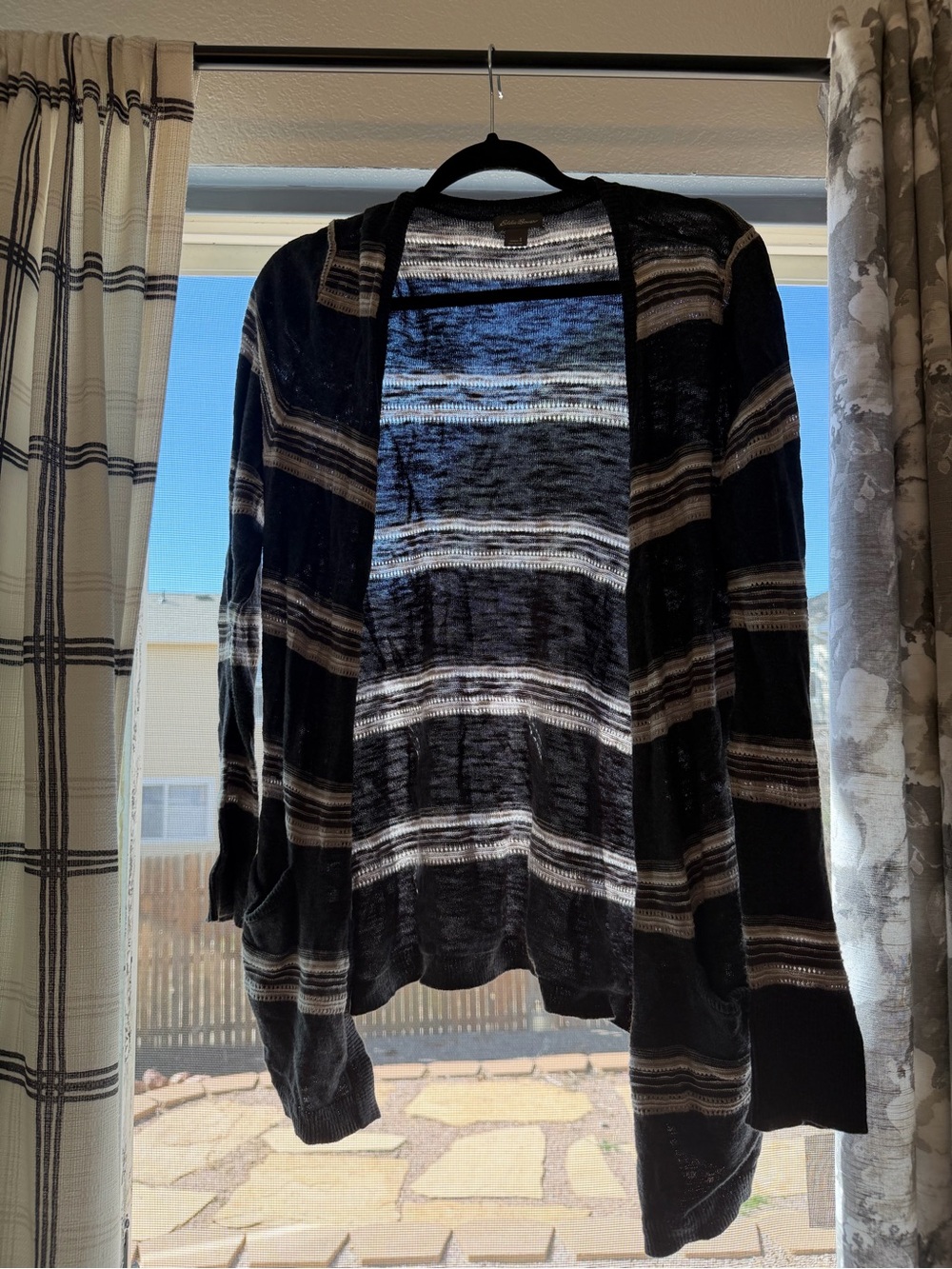 Eddie Bauer Cream and Gray Striped Open Cardigan